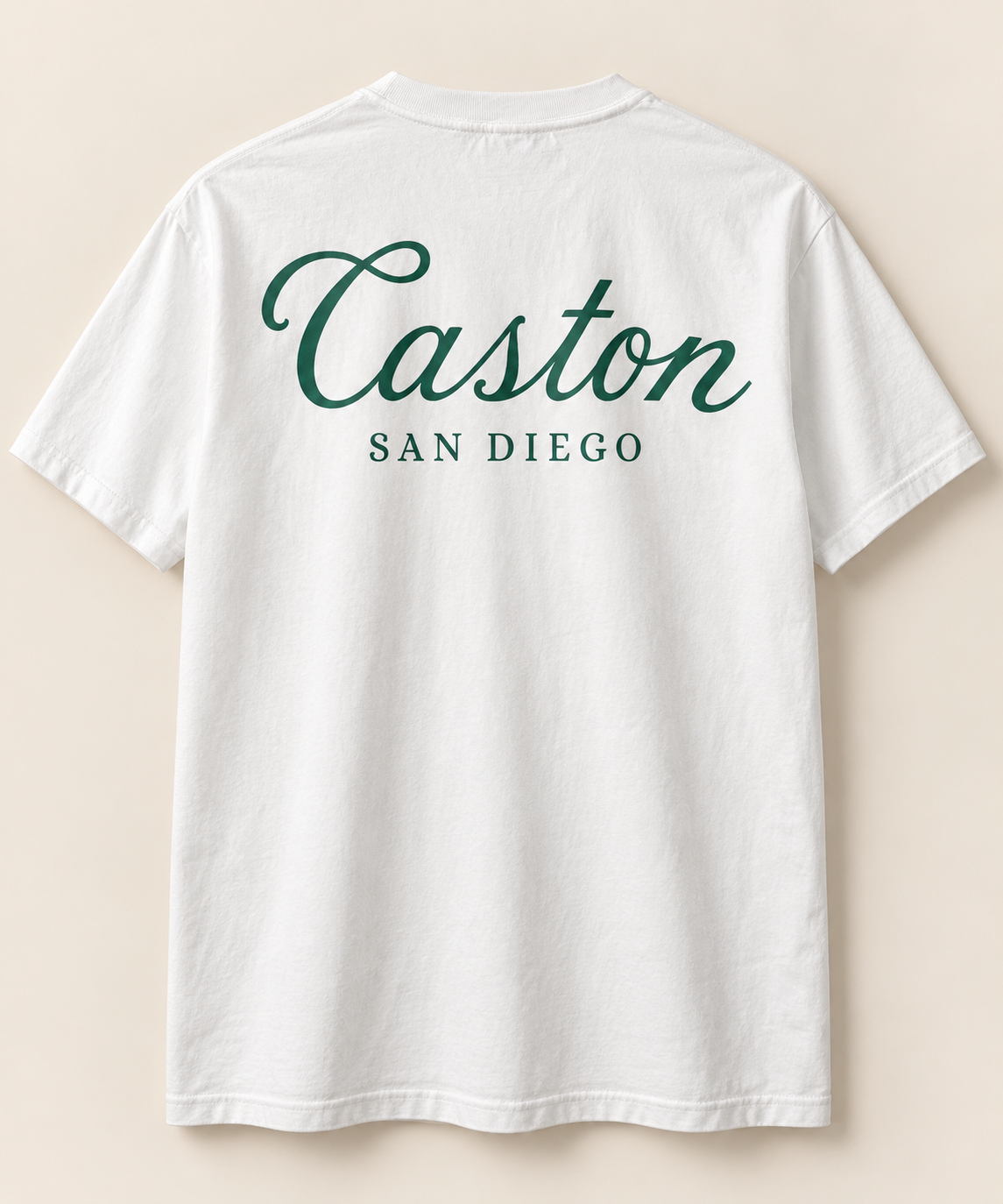 Back: White San Diego Tee back view – Caston script graphic