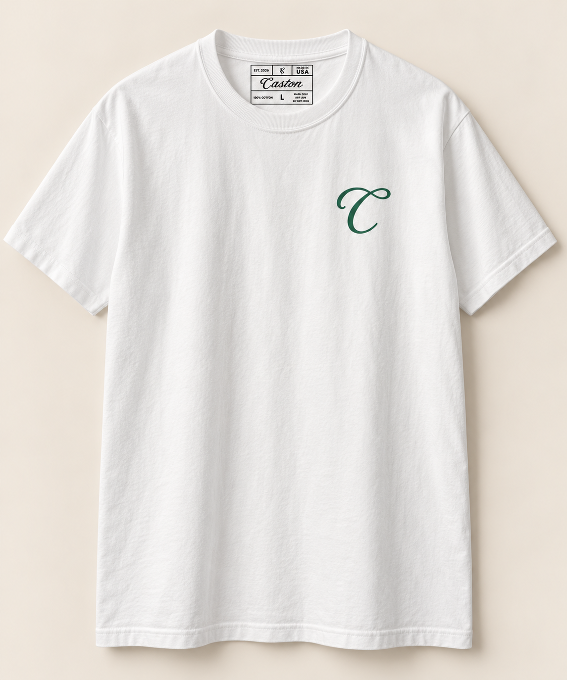 Main/front: White San Diego Tee front view – Caston C chest mark