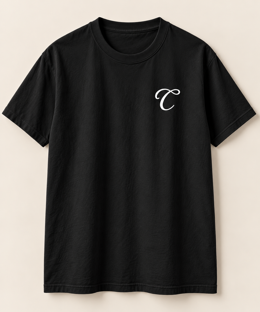 Main/front: Black San Diego Tee front view – Caston C chest mark