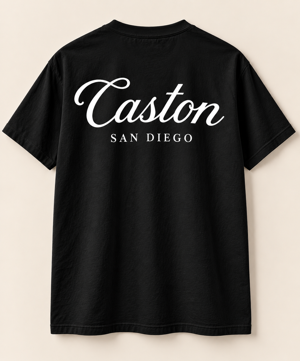 Back: Black San Diego Tee back view – Caston script graphic