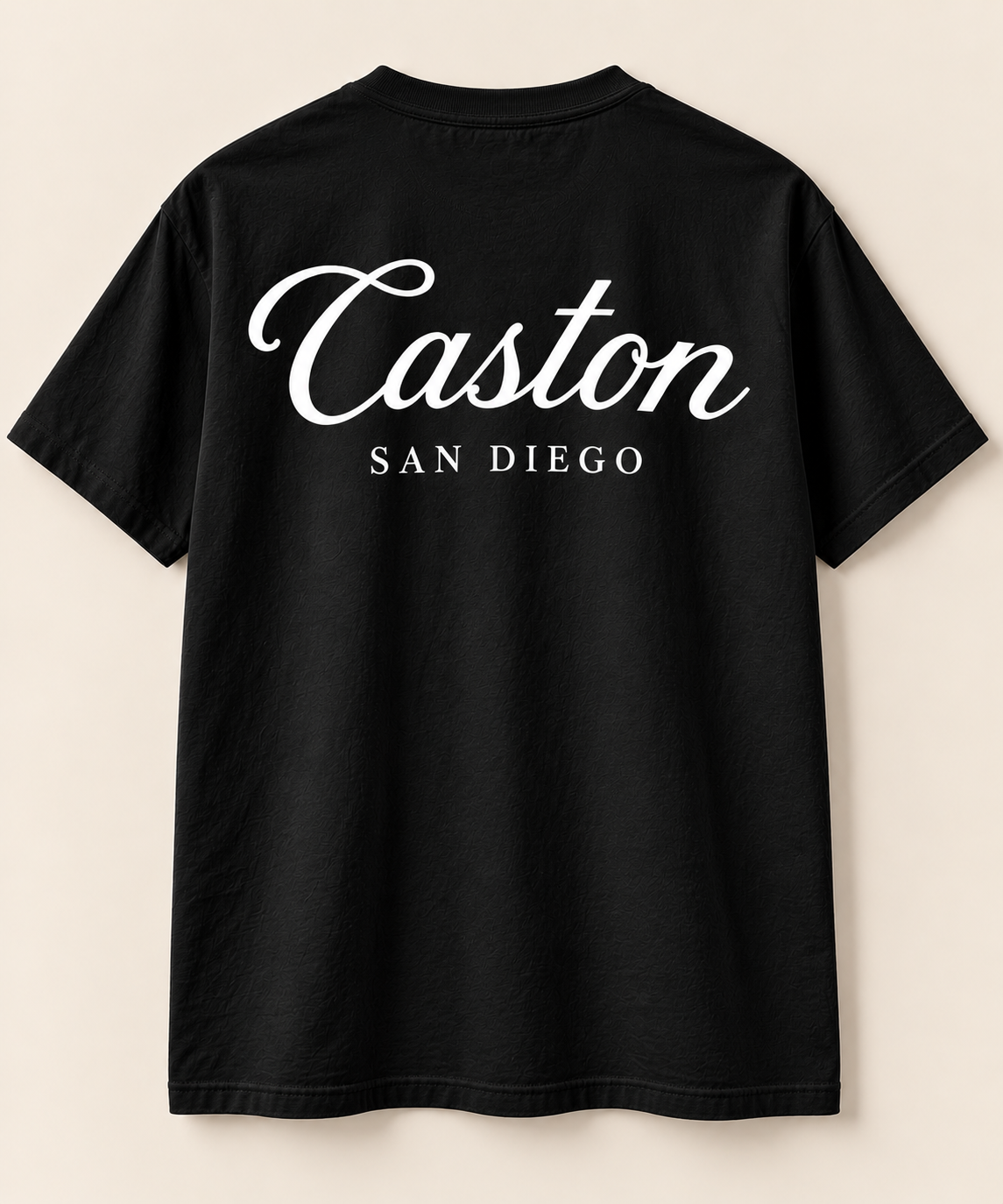 Back: Black San Diego Tee back view – Caston script graphic